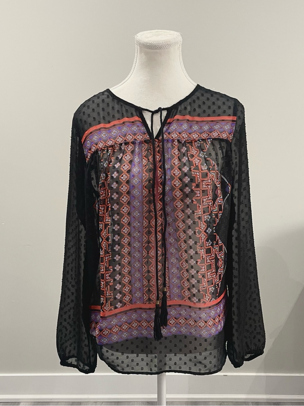 Daniel Rainn Black Sheer Blouse with Purple and Red Geometric Panel